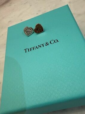 Tiffany & Co. Silver Heart Tag Stud Earrings with Blue Box